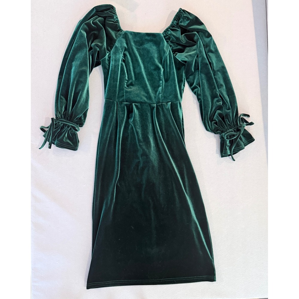 Ivy City Co Emerald Green Velvet Square Neck Puff Sleeve Midi Dress XS NEW